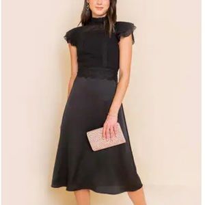Black Lace Top Satin Midi Dress from Francesca’s. Cocktail party / wedding guest